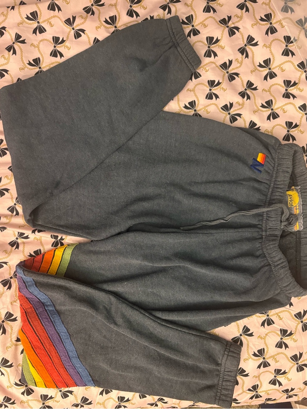 Aviator Nation Charcoal Gray Track Pants with Rainbow Stripe